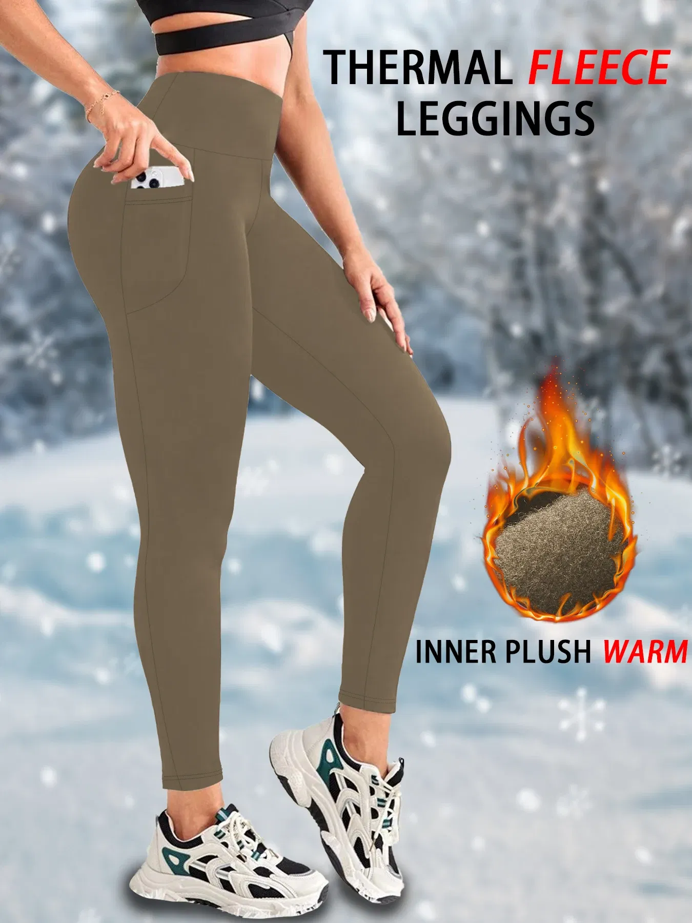 Color: Brown, Size: L - Womens Thermal Fleece Lined High Waisted with pockets Leggings, Workout Winter Warm Thick Tights Soft Yoga Running Pants