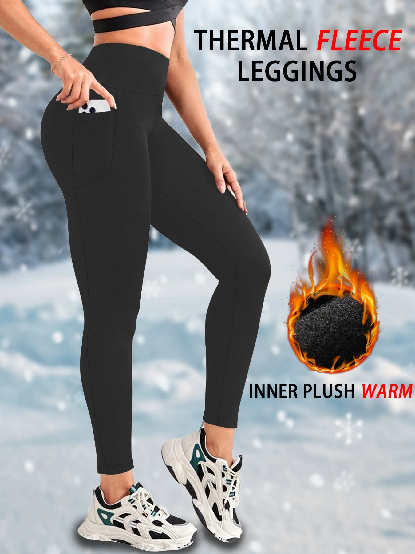 Color: Brown, Size: L - Womens Thermal Fleece Lined High Waisted with pockets Leggings, Workout Winter Warm Thick Tights Soft Yoga Running Pants