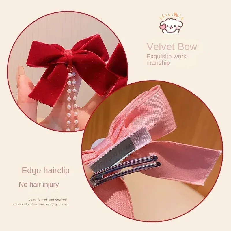 Color: WHITE - Elegant Pearl Bow Tassel Hair Clip Solid Velvet Hair Claw Children Princess Best Hairpins New Fashion Beauty Hair Accessories