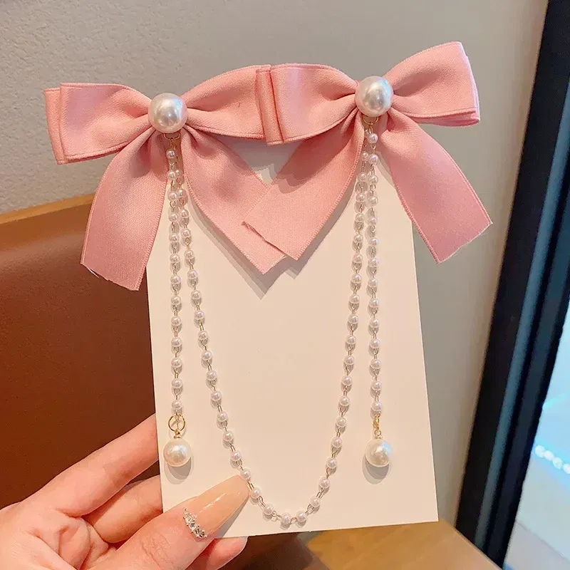 Color: WHITE - Elegant Pearl Bow Tassel Hair Clip Solid Velvet Hair Claw Children Princess Best Hairpins New Fashion Beauty Hair Accessories