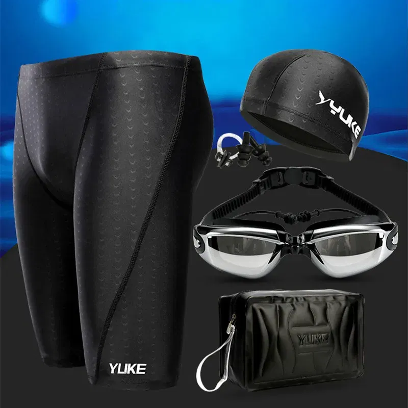 Color: WHITE, Size: 4XL - Men Swimming Shorts Waterproof Competition Swim Equipment Goggles with Ear-plug Cap Case Trunks Briefs Swimwear Half Pants 2022