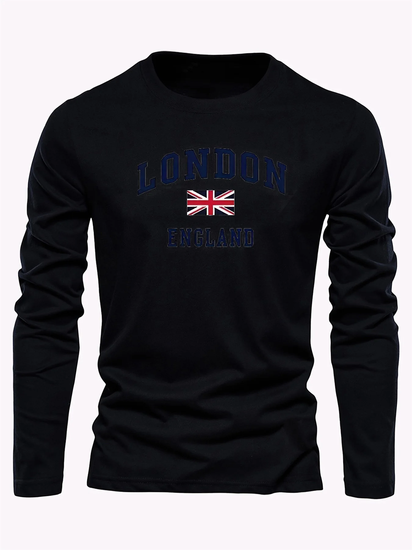 Color: WHITE, Size: S - Spring and Autumn 100% Cotton Men's London ENGLAND Letter Printed Loose Sport and Leisure Round Neck Long Sleeve T-shirt
