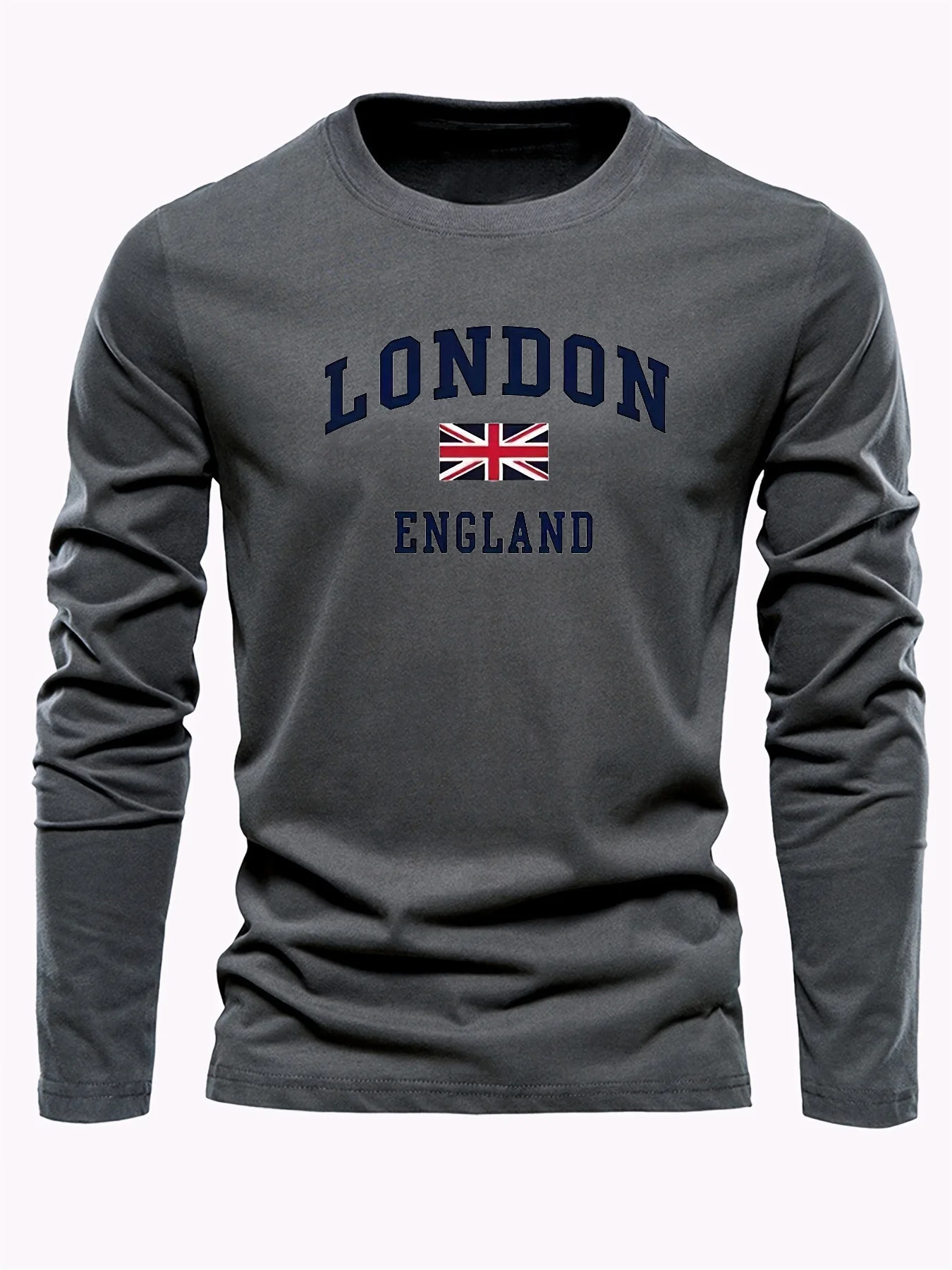 Color: WHITE, Size: S - Spring and Autumn 100% Cotton Men's London ENGLAND Letter Printed Loose Sport and Leisure Round Neck Long Sleeve T-shirt