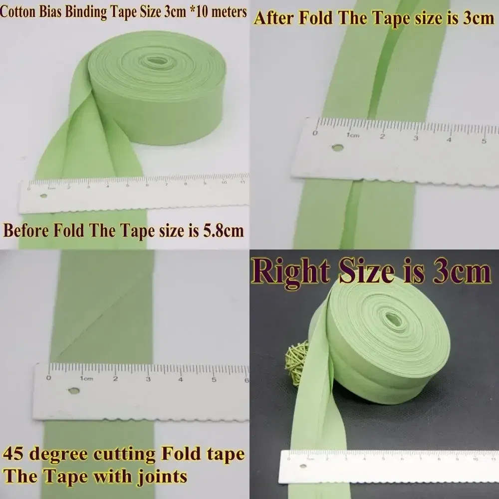 Color: Green, Size: L - Cotton Bias Binding Tape Size 3cm *10meter  Solid Color DIY Handmade Sewing Material Bias Tape