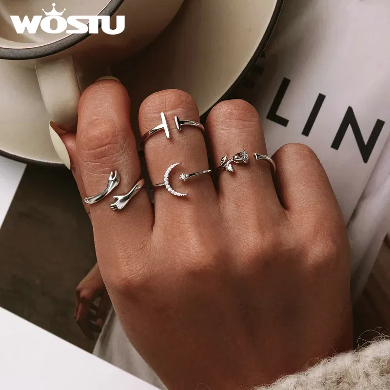 Gem Color: PEACOCK BLUE, Ships From: CHINA - WOSTU Real 925 Sterling Silver Open Ring Finger Adjustable Size Wedding Rings For Women Engagement Fashion Silver Jewelry Gift