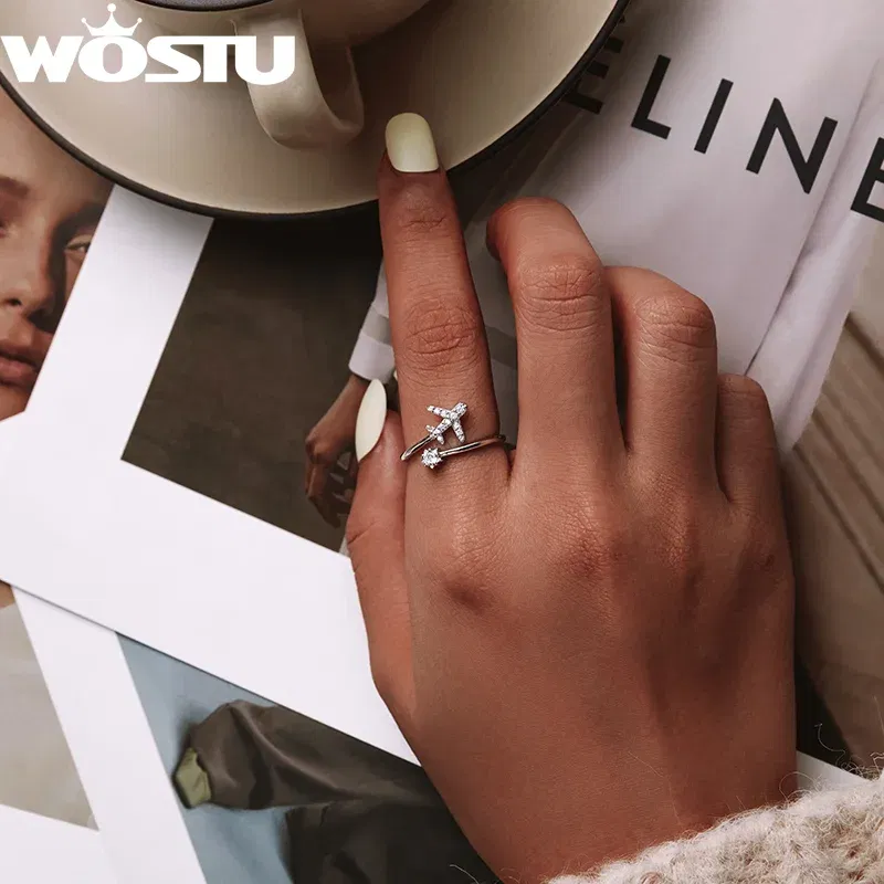 Gem Color: PEACOCK BLUE, Ships From: CHINA - WOSTU Real 925 Sterling Silver Open Ring Finger Adjustable Size Wedding Rings For Women Engagement Fashion Silver Jewelry Gift