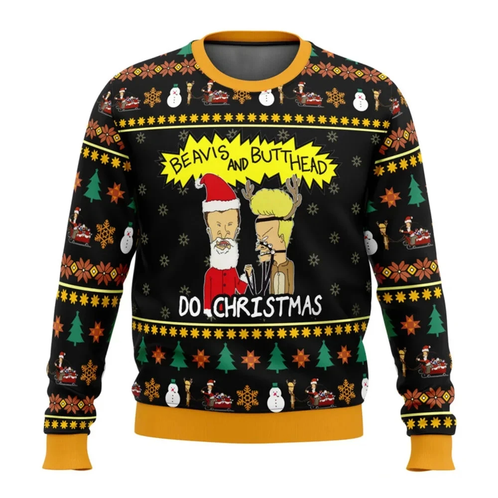 Color: Blue, Size: S - Xmas Rock Beavis and Butthead Ugly Christmas Sweater Cartoon Anime Women Men Pullover Tops New Fashion Couple Hoodie Sweatshirt