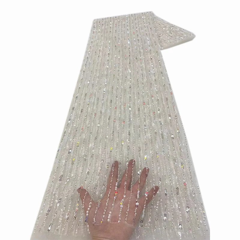 Color: Apricot, Length: 5 yards, Width: 120cm - African Lace Fabric 2025 Sequins Beaded Embroidery Groom Nigerian Bridal High Quality French Tulle Lace Fabric For Wedding