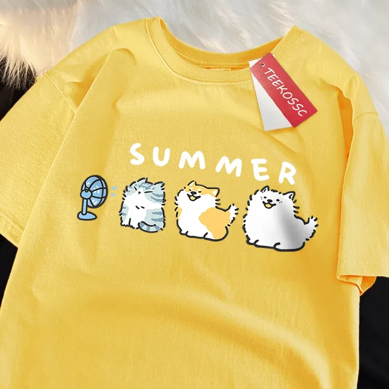 Color: green, Size: S - Cats And Dogs Blowing Fans Print T Shirts Men Women Cute Crewneck Clothes Loose Summer T-Shirts Fashion Cotton Short Sleeve