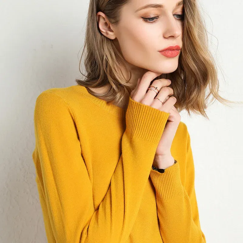 Color: GRAY, Size: M - Women Slim O-Neck Solid Pullover Cashmere Wool Blending Sweater Autumn And Winter Long-Sleeved Knit Bottoming Shirt Large Size