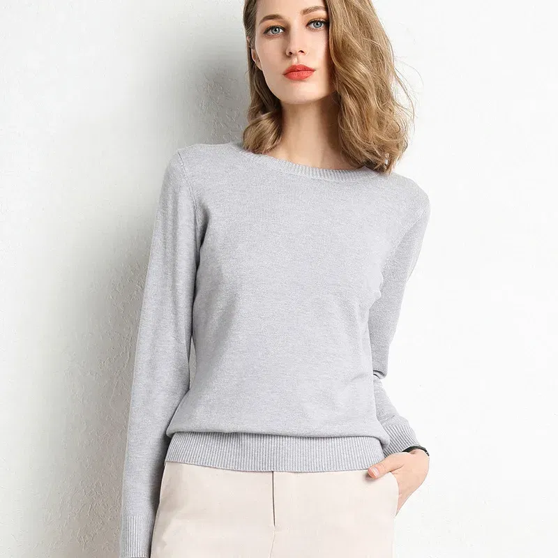 Color: GRAY, Size: M - Women Slim O-Neck Solid Pullover Cashmere Wool Blending Sweater Autumn And Winter Long-Sleeved Knit Bottoming Shirt Large Size