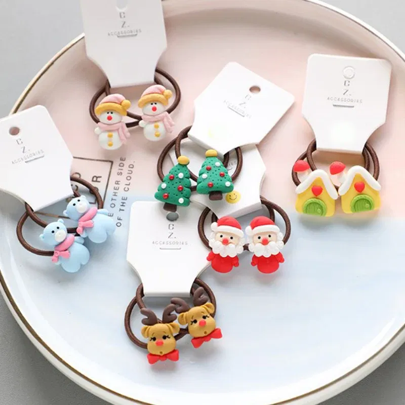 Color: Pink - 2Pcs Cute Cartoon Christmas Elk Scrunchies Girls Hair Rope Ponytail Holder Elastic Hair Bands Hair Ties Fashion Hair Accessories