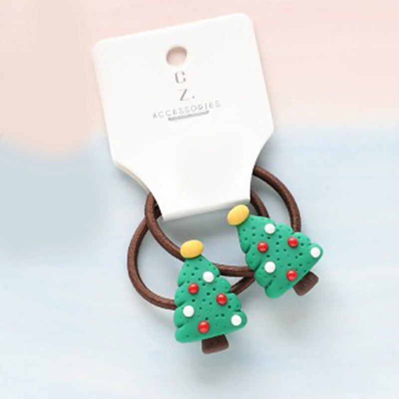 Color: Pink - 2Pcs Cute Cartoon Christmas Elk Scrunchies Girls Hair Rope Ponytail Holder Elastic Hair Bands Hair Ties Fashion Hair Accessories