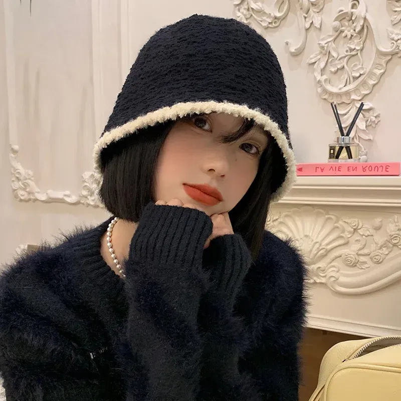 Color: Beige - COKK Bucket Hat Women Winter Knitted Casual Keep Warm Fishing Hat Female Thick Warm Fashion Design Korean Winter Cap Gorro New