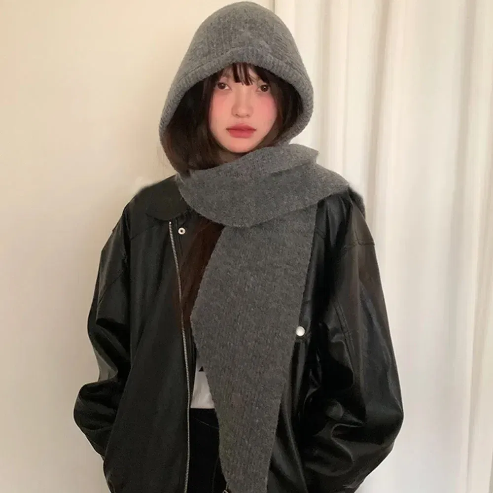 Color: Khaki - Multicolor Balaclava women's autumn and winter warm wool hat scarf integrated hooded scarf knitted hat trendy