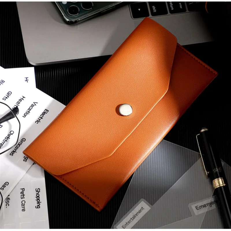 Color: Beige - Ultra-thin Cash Envelope Wallet Wear-resistant PU Leather Money Binder Organizer Waterproof Pouch Name Card Holder Male Female