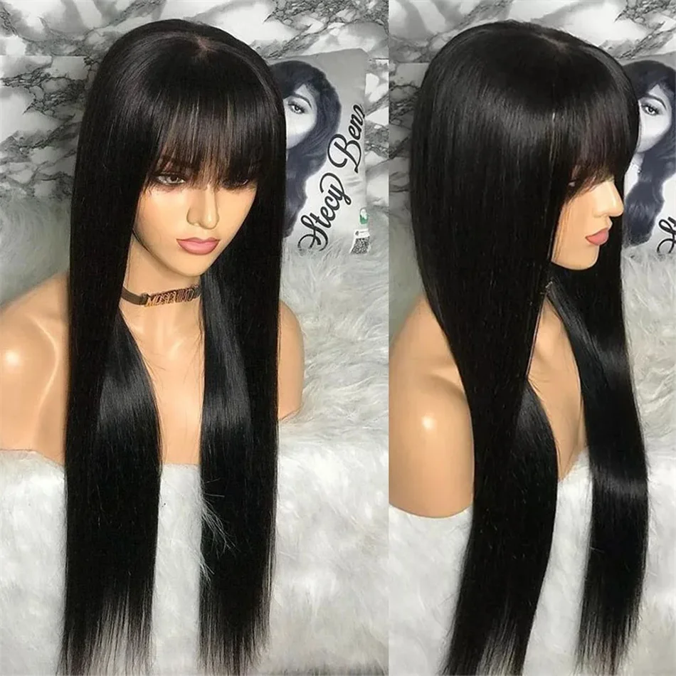 Stretched Length: 20inches, Density: 180% - Silky Wig Human Hair Full Machine Made Straight 100% Human Hair Wigs With Bangs For Women Brazilian Cheap Wig On Sale Clearance