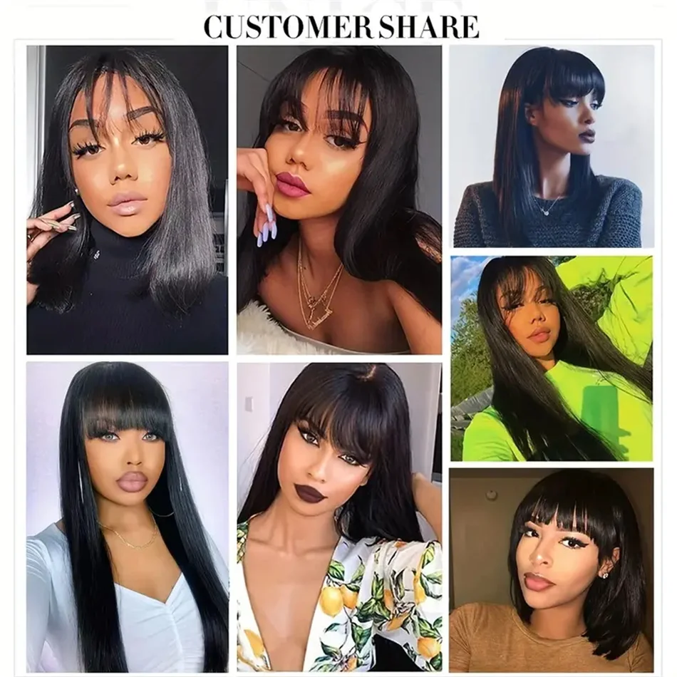 Stretched Length: 20inches, Density: 180% - Silky Wig Human Hair Full Machine Made Straight 100% Human Hair Wigs With Bangs For Women Brazilian Cheap Wig On Sale Clearance