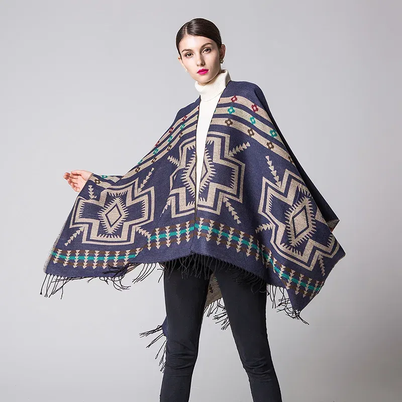 Color: camel, Size: One Size - European American Popular Tassel Thickened Cashmere Like National Style Travel Fork Shawl Scarf in autumn Ponchos Capes P9
