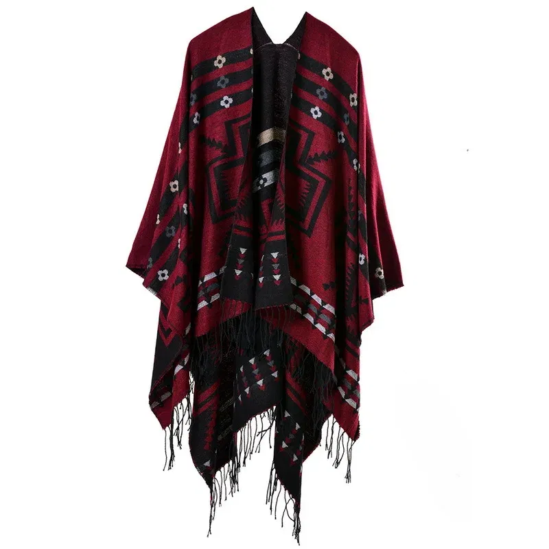 Color: camel, Size: One Size - European American Popular Tassel Thickened Cashmere Like National Style Travel Fork Shawl Scarf in autumn Ponchos Capes P9