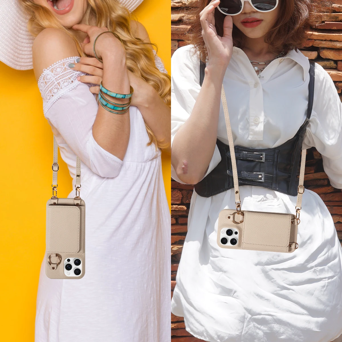 Color: Khaki, Bundle: Case & Strap, Material: Artificial Leather, Compatibility by Model: iPhone 14 Pro - For IPhone16 15 Pro Max 14 13 12 Series PU Leather Magsafe Magnetic Wireless Charging Shockproof Crossbody Wallet Phone Case