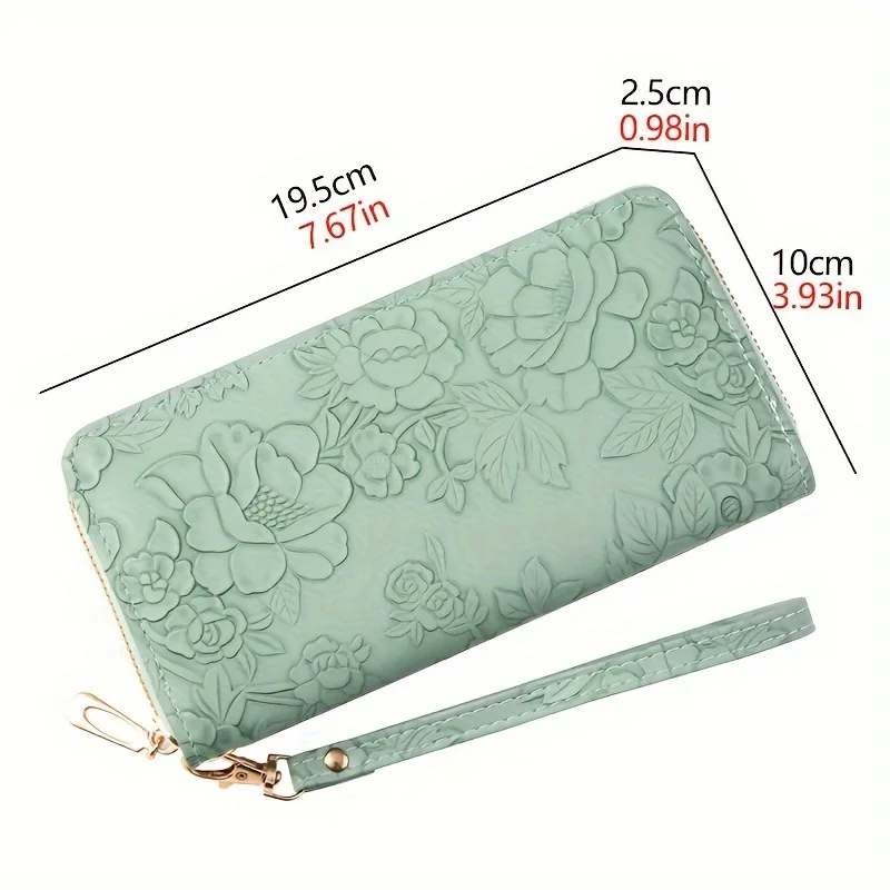 Color: SKY BLUE - Floral Embossed Long Wallet, PU Leather Credit Card Holder, Simple Trendy Phone Coin Clutch Purse For Women Hand-painted Wallet