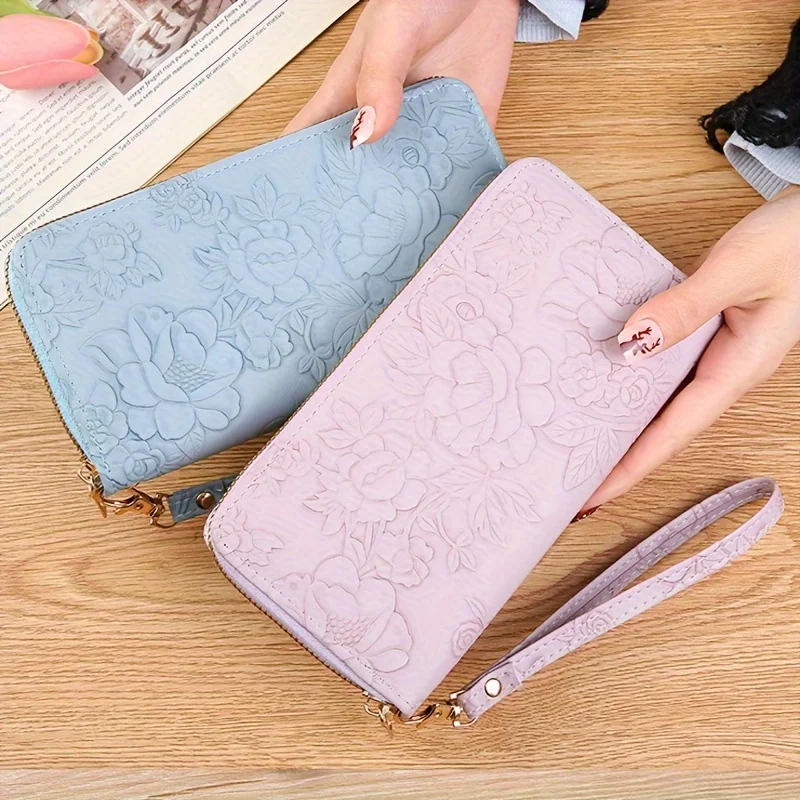 Color: SKY BLUE - Floral Embossed Long Wallet, PU Leather Credit Card Holder, Simple Trendy Phone Coin Clutch Purse For Women Hand-painted Wallet