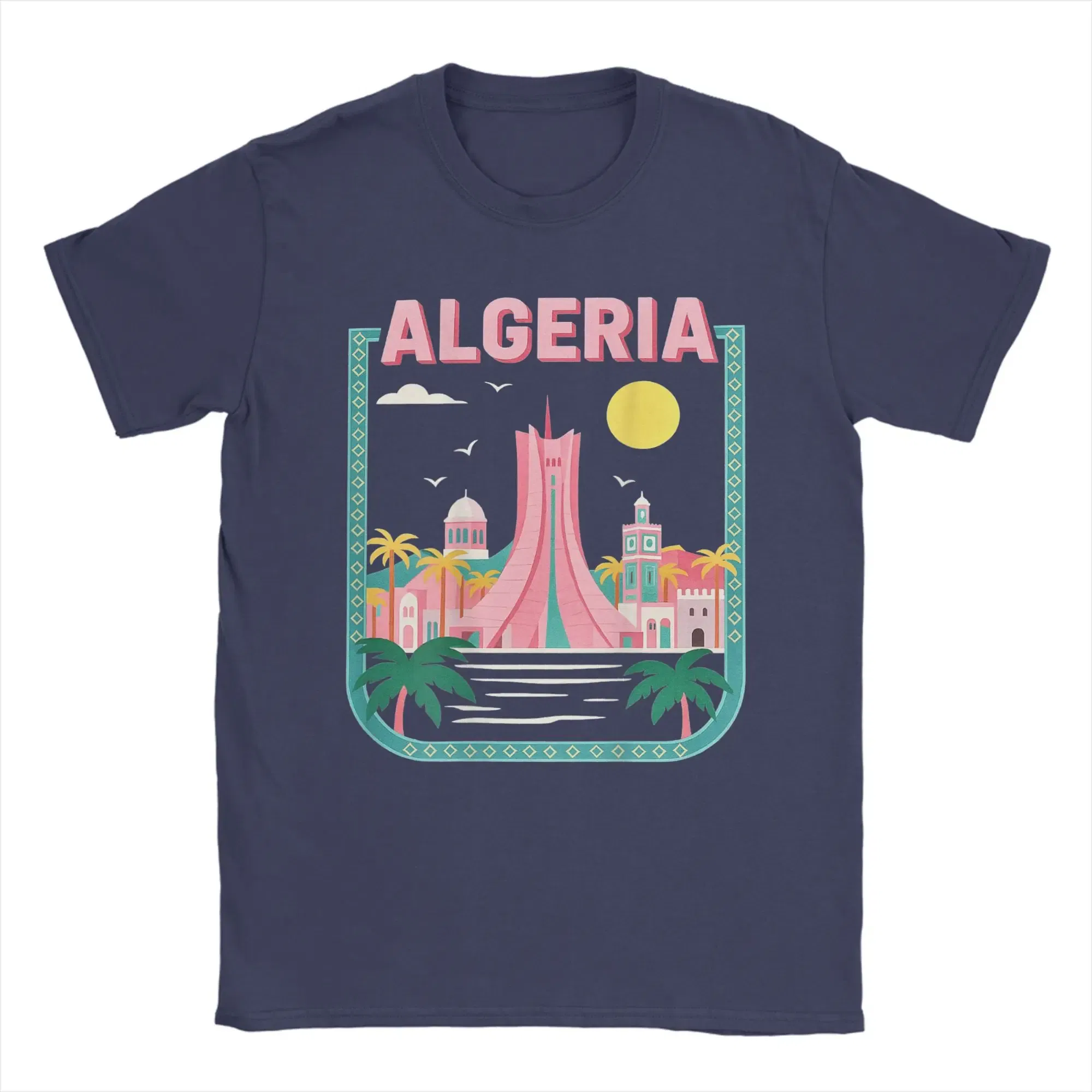 Color: Navy Blue, Size: L - Men Algeria DZ City Algerian T Shirts Africa Arab Pure Cotton Clothes Hipster Short Sleeve Crewneck Tees Gift Idea T-Shirt