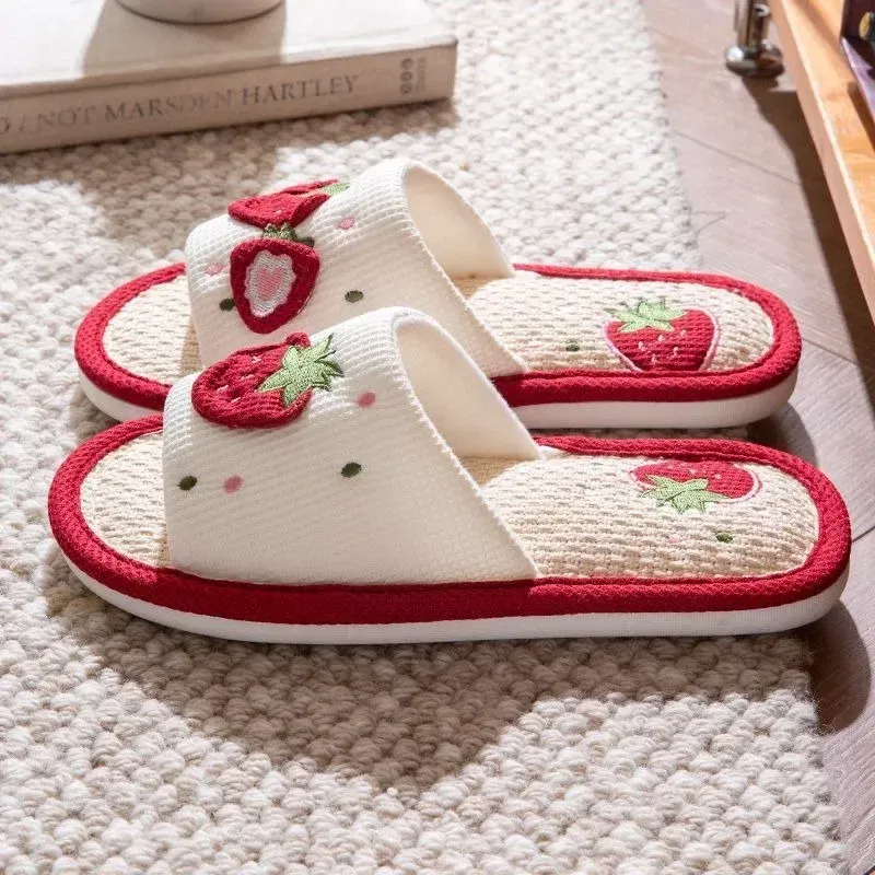 Shoe Size: 40-41, Color: Beige - Strawberry Linen Upper Sweet Home Girl's Soft Soles Silent Non-slip Floor Slippers in Line with Human Bow Science Shoes Sandals