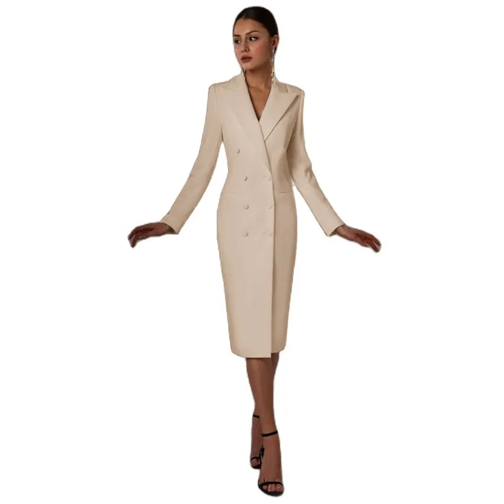 Color: Beige, Size: XS - Women's Suit Long Blazer Double Breasted Jacket White Tuxedo Party Point Lapel Clothes спор?‚ивн?‹й кос?‚юм ?¶?µнск