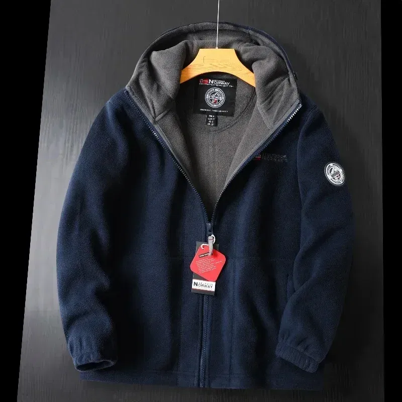 Color: Navy Blue, Size: XXL - Winter Wool Jacket Men's High-end Embroidered Thickened Fleece Windproof Jacket Outdoor Snow Cold-proof Men's Warm Hooded Coat
