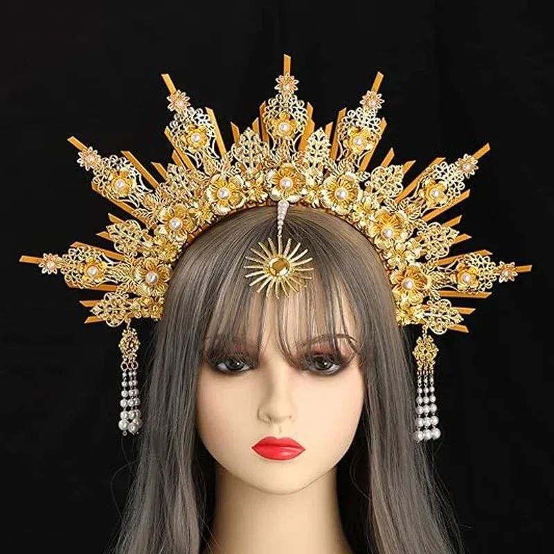 Color: WHITE - MATERIAL  PACKAGE Sunburst Goddess Gold Spike Mary Halo Crown Headpiece NYLON ZIP TIE Wedding Bride Hair Band Tiar
