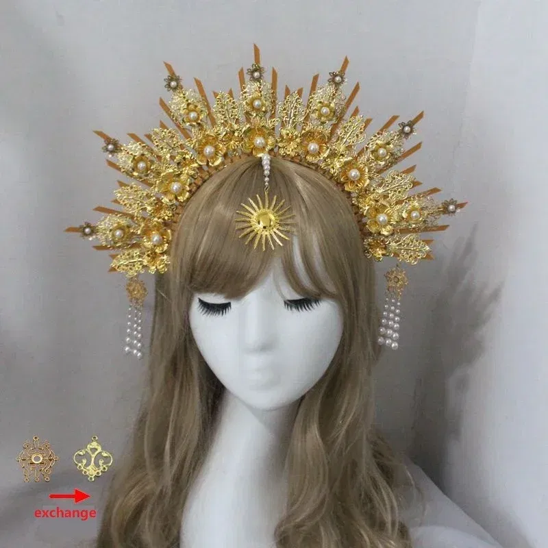 Color: WHITE - MATERIAL  PACKAGE Sunburst Goddess Gold Spike Mary Halo Crown Headpiece NYLON ZIP TIE Wedding Bride Hair Band Tiar