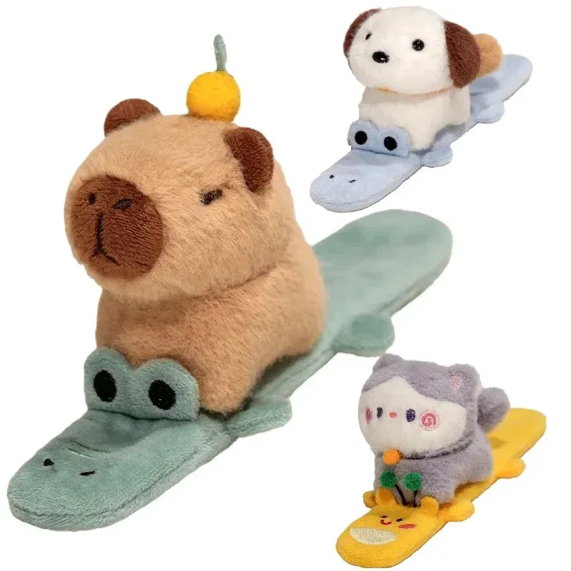 Color: Yellow, Height: 0-10cm - Capybara Slap Snap Wrap Capibara Plushie Wristband Bracelet Kawaii Cute Dog Cat Plush Toy Hand Ring Creative Funny Gift