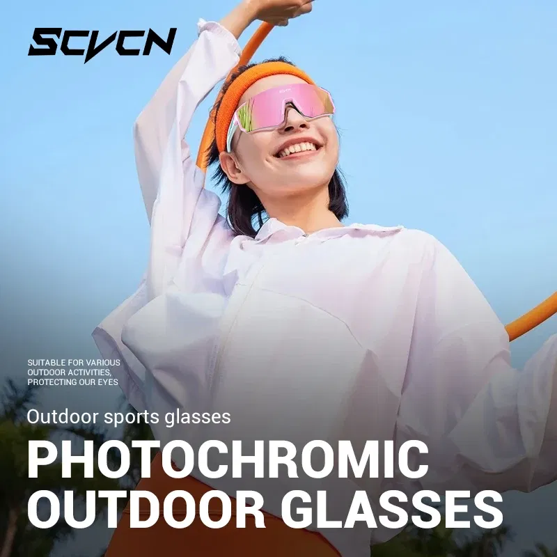 Color Name: Pink - SCVCN Color Photochromic Cycling Glasses Outdoo Fashion Sports Sunglasses Men MTB Cycling Sunglasses Women Road Bike Glasses