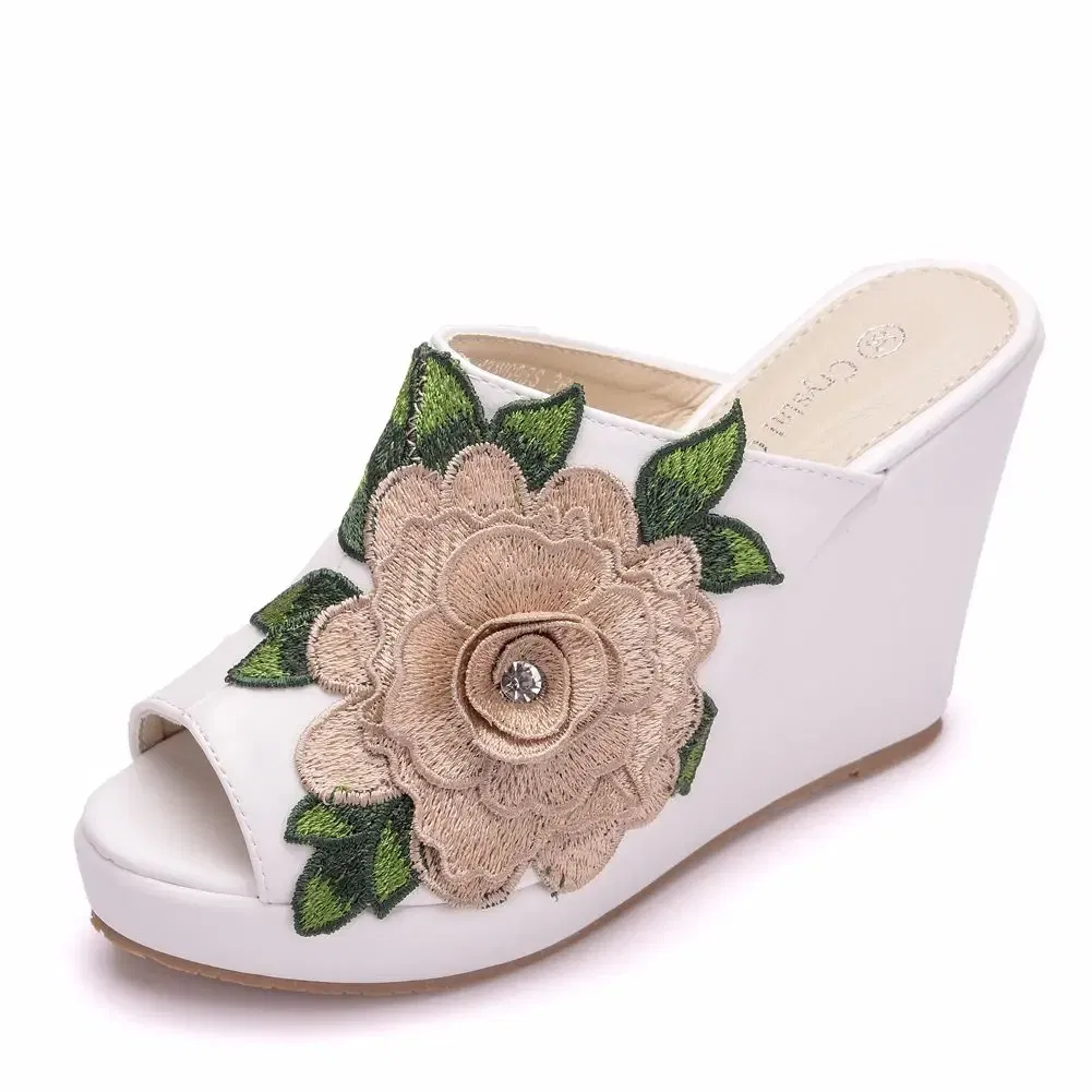 Color: WHITE, Shoe Size: 34 - Crystal Queen Black White Peep Toe Platform Wedges High Heels Slippers Beach Sandals Women Lace Flower