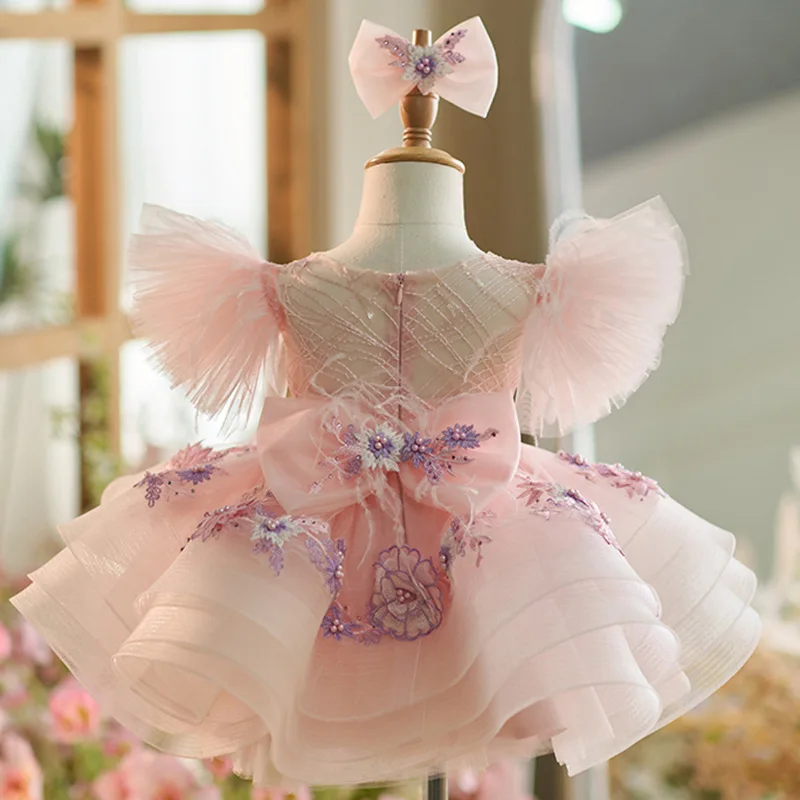Color: green, Kid Size: 9M - New baby girl toddler dress birthday party dress exquisite unique girl sweet little fly sleeve cake skirt