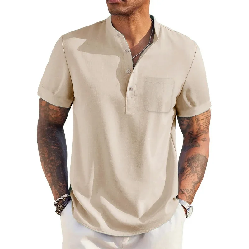 Color: Khaki, Size: XXL - Summer Men's Cotton Linen T-Shirt Henley Neck Pocket Casual Lightweight Breathable Beach Shirt Solid Color Basic Style Tops