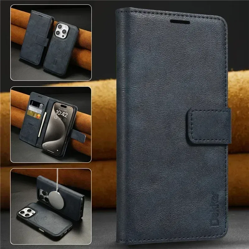 Color: Blue, Material: aluminum - 2 in 1 MagSafe Wallet Case for IPhone 16 Promax 15 Plus 14 Pro Max 13 12 Iphone16 Magnetic Wireless Charging Phone Cover