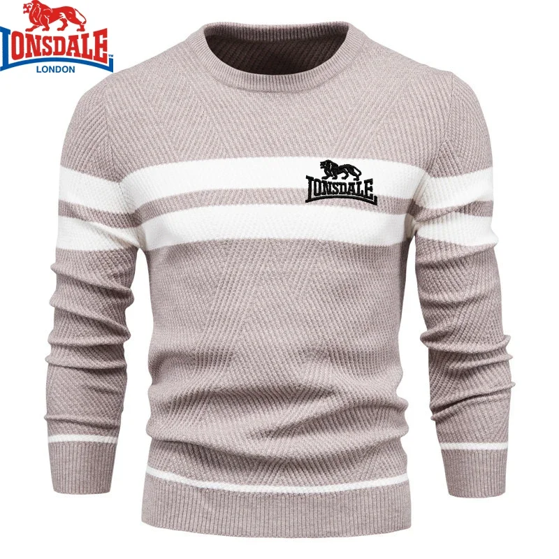 Color: Dark Grey, Size: XL - Embroidered LONSDALE Mens Boys Winter Stripe Sweater Thick Warm Pullovers Men's O-neck Basic Casual Slim Comfortable Sweaters