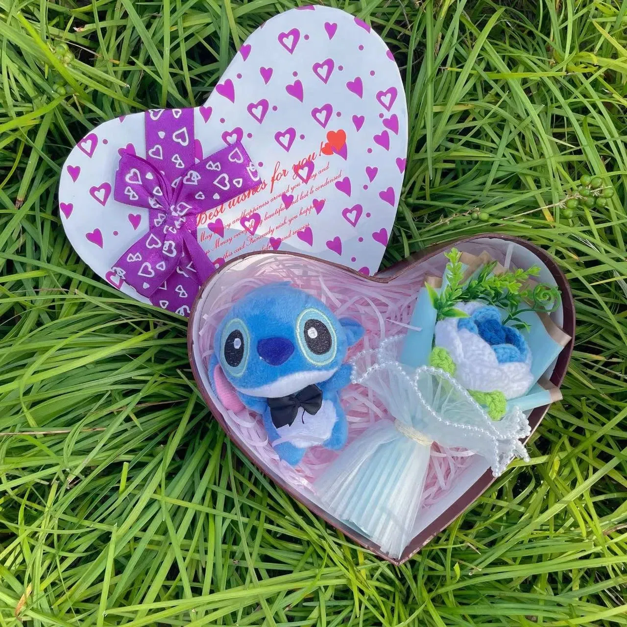 Color: Light Red - Disney Cartoon Lilo Stitch Plush Doll Toys Rose Bouquet Gift Box Stitch Flower Bouquet Home Decoration Valentine Christmas Gifts
