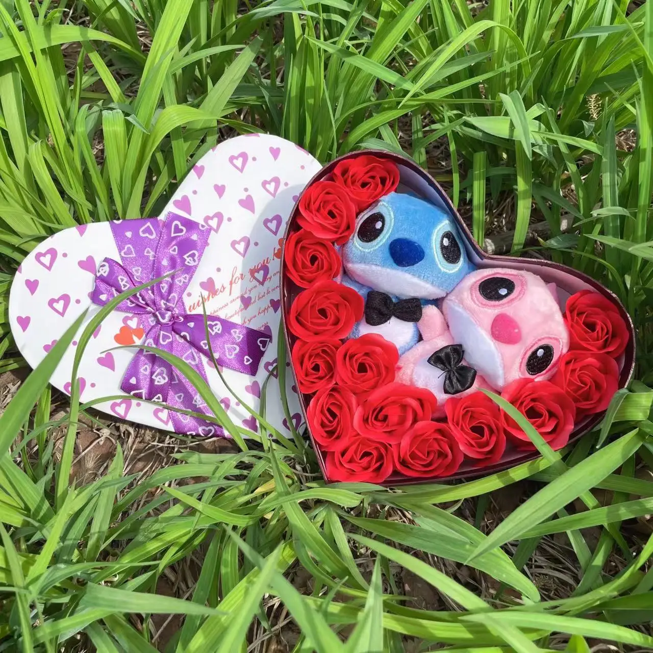 Color: Light Red - Disney Cartoon Lilo Stitch Plush Doll Toys Rose Bouquet Gift Box Stitch Flower Bouquet Home Decoration Valentine Christmas Gifts
