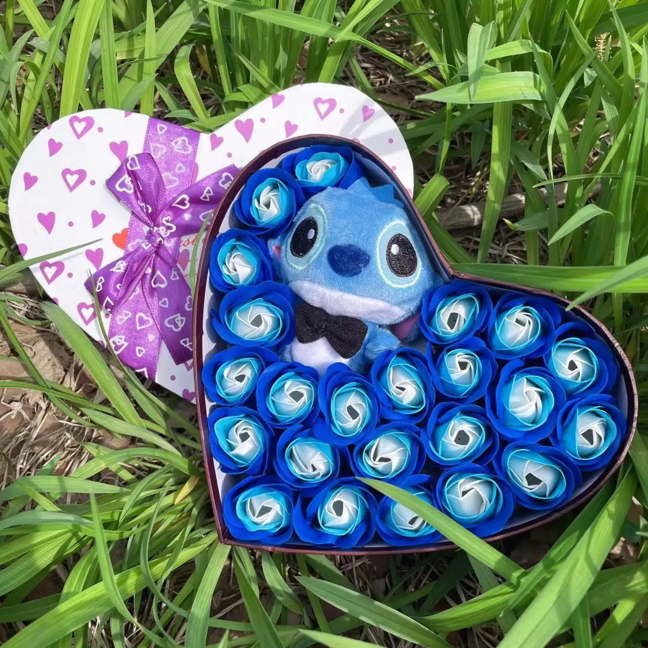 Color: Light Red - Disney Cartoon Lilo Stitch Plush Doll Toys Rose Bouquet Gift Box Stitch Flower Bouquet Home Decoration Valentine Christmas Gifts