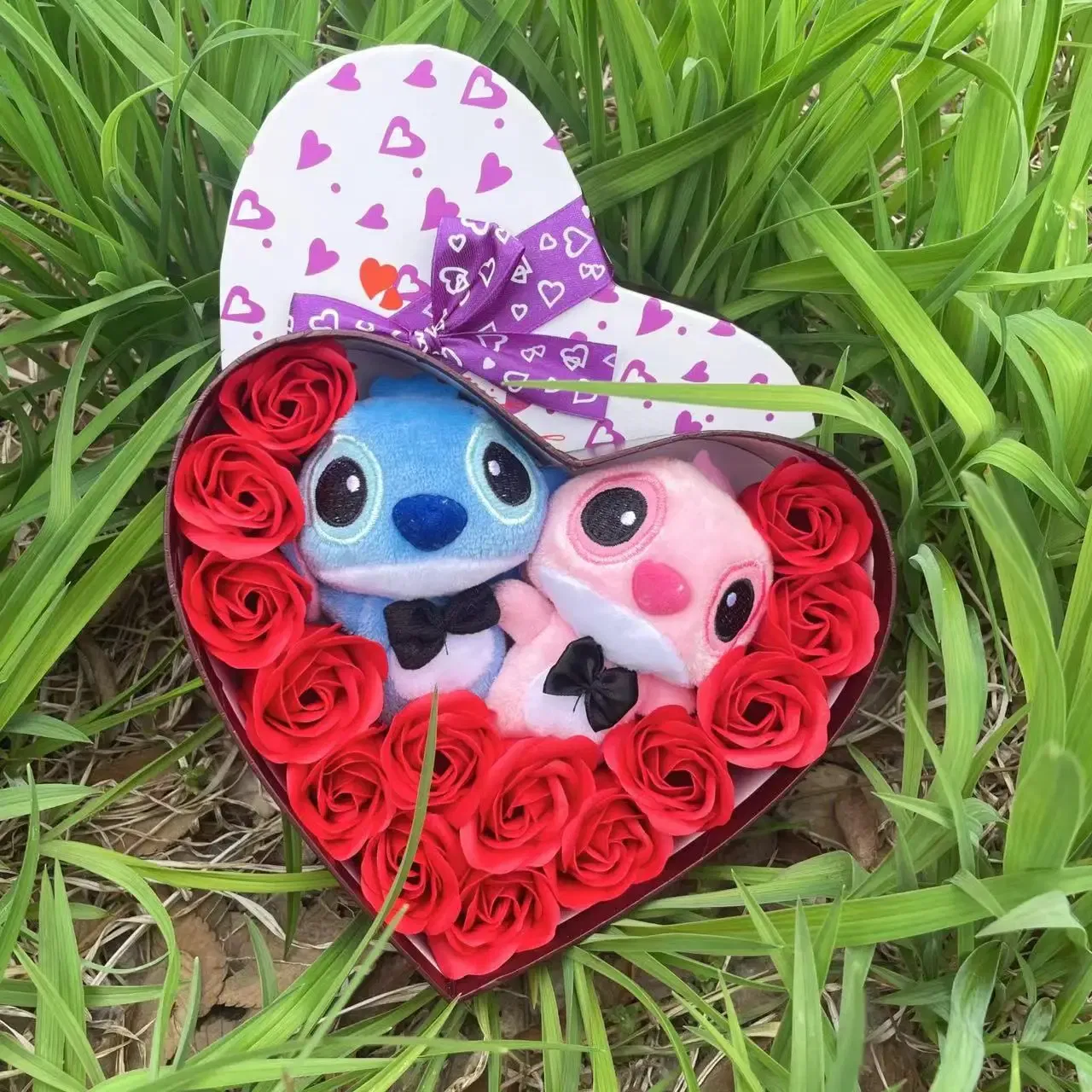 Color: Light Red - Disney Cartoon Lilo Stitch Plush Doll Toys Rose Bouquet Gift Box Stitch Flower Bouquet Home Decoration Valentine Christmas Gifts