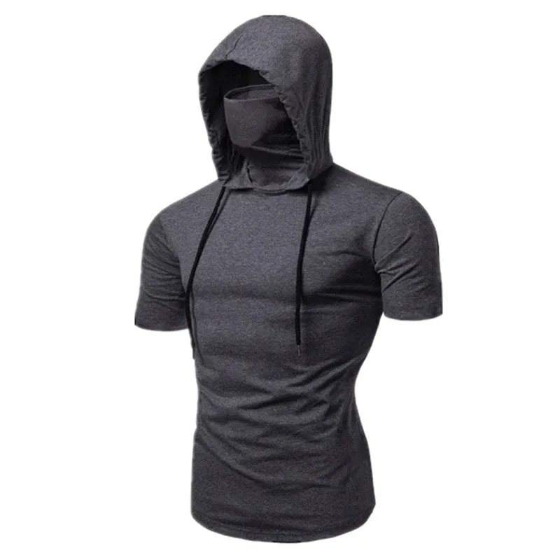 Color: GRAY, Size: XL - Mens Gym Thin Hoodie Short Sleeve Hoodies With Mask Sweatshirt Casual Splice Large Mask Hoodie Sweatshirt Hooded Tops Cycling