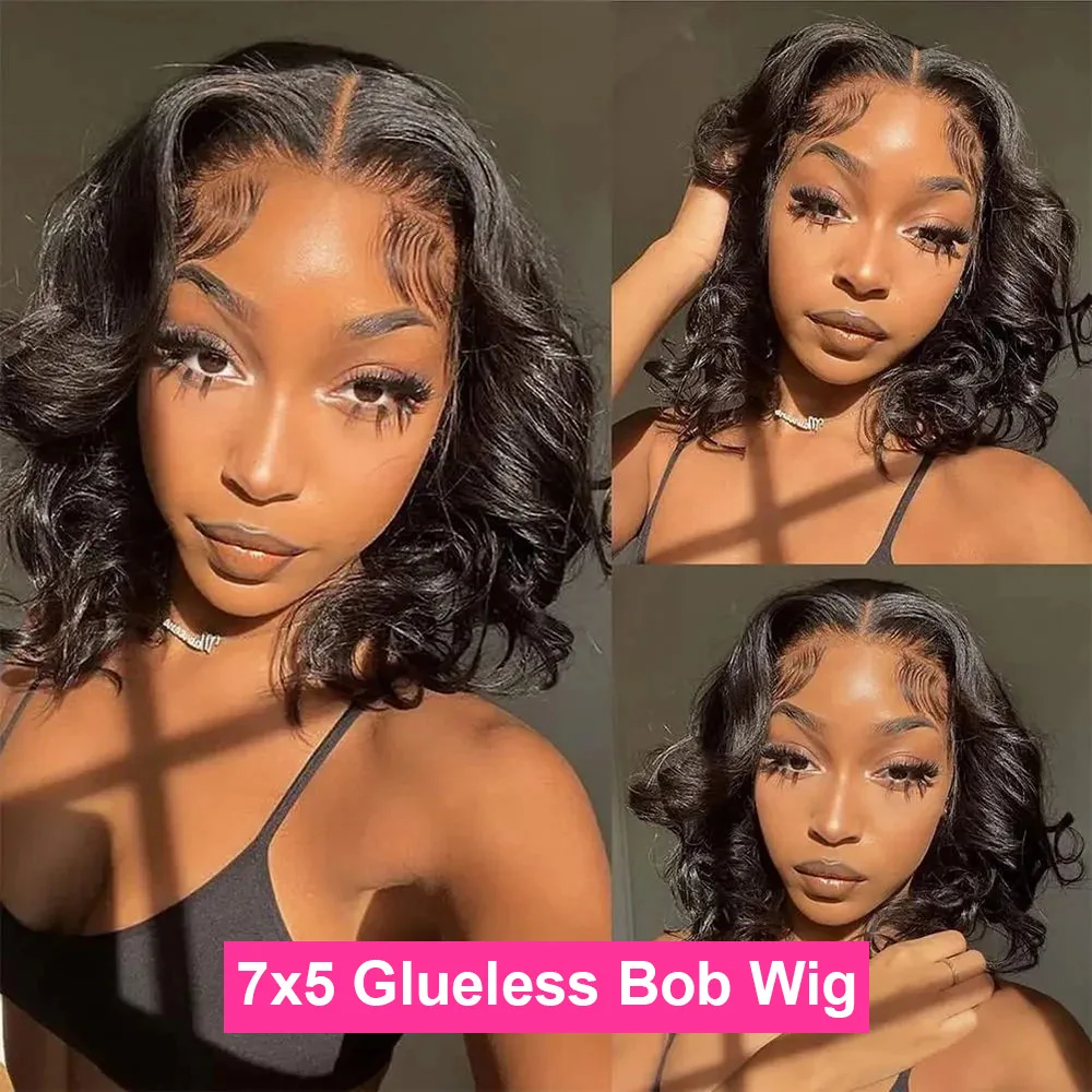 Hair Color: #1B, Ships From: CHINA, Stretched Length: 8inches, Density: 150% - 7x5 Glueless Ready To Wear And Go Pre plucked 180 Density Body Wave Short Bob Human Hair Wigs 13x4 Lace Frontal Human Hair Wig