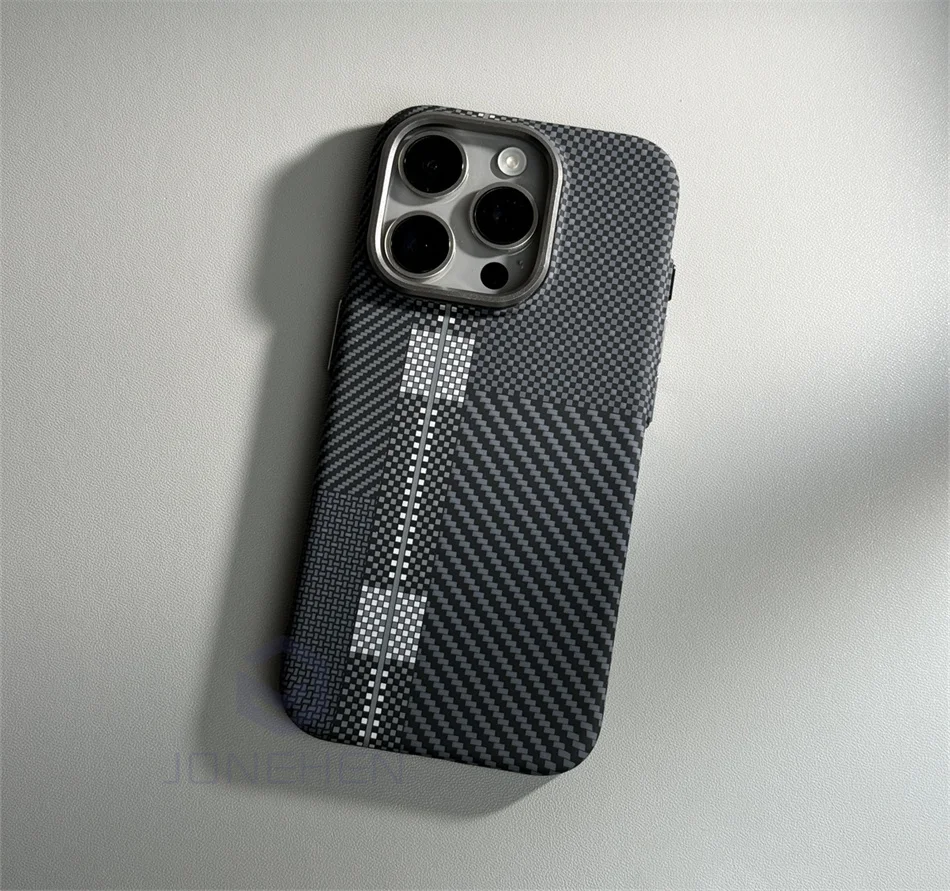 Color: Dark Grey, Material: Denim - Luxury Alloy Lens Personalized Pixel 3D Relief Carbon Fibre Pattern Case For iPhone 13 14 15 16 Pro Max Slim Cover For Magsafe