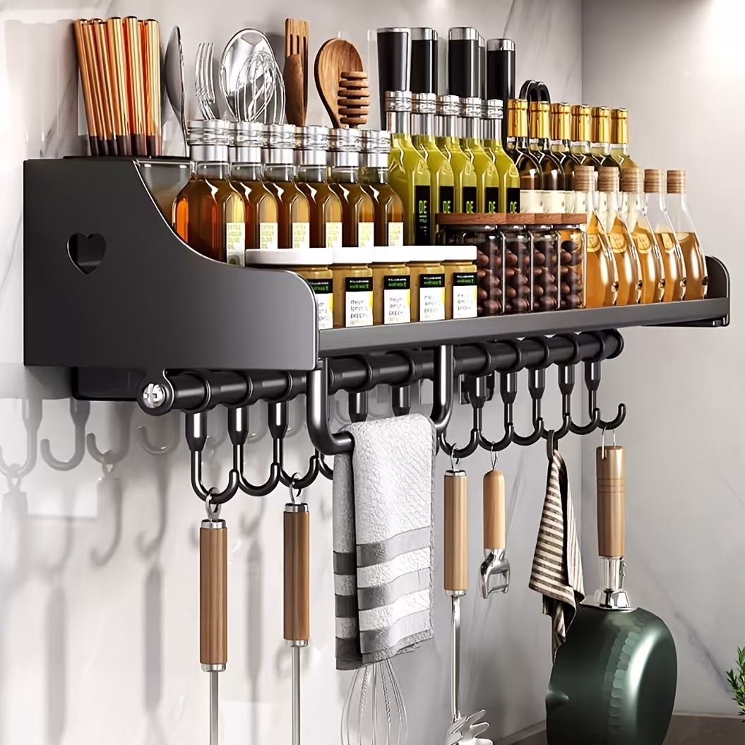 ITECHJOY Kitchen Metal Storage Rack Wall Mounted with Towel Bar and Hooks – Space-Saving Solution for an Organized Kitchen