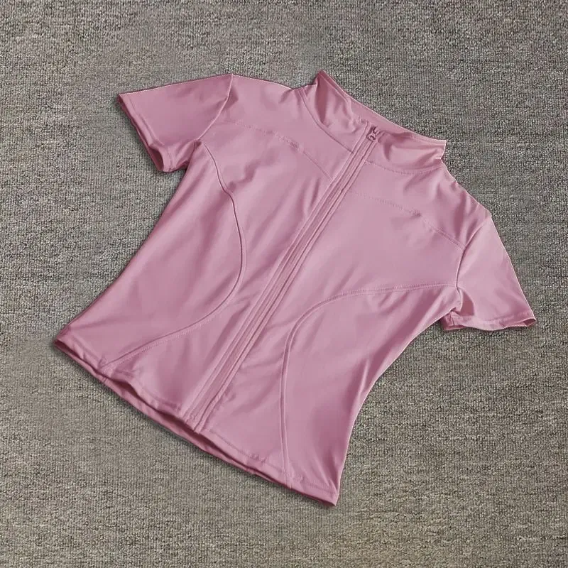 Color: Pink, Size: S - Summer High Quality Waist Slimming Training Tops Women's Quick-drying Tight Stand Collar Full Zipper Short Sleeves Yoga shirts