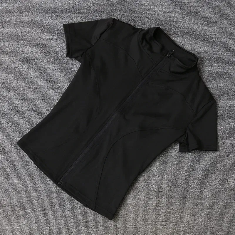 Color: Pink, Size: S - Summer High Quality Waist Slimming Training Tops Women's Quick-drying Tight Stand Collar Full Zipper Short Sleeves Yoga shirts